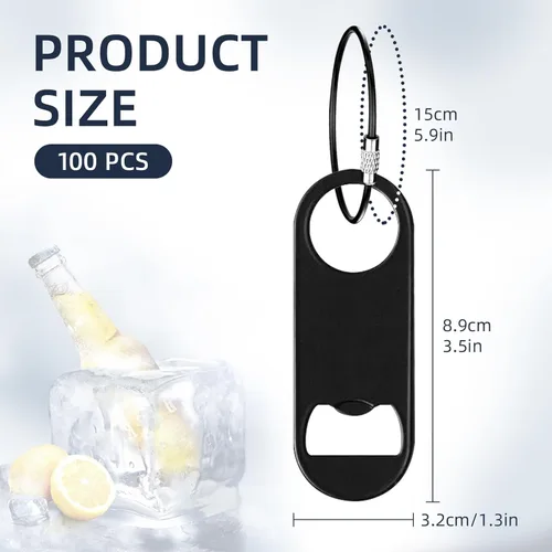 Miniatura 3 de Paquete de 100 abrebotellas planos de acero inoxidable con llavero de 3.5 pulgadas, mini abrebotellas de cerveza plano negro llavero para barman