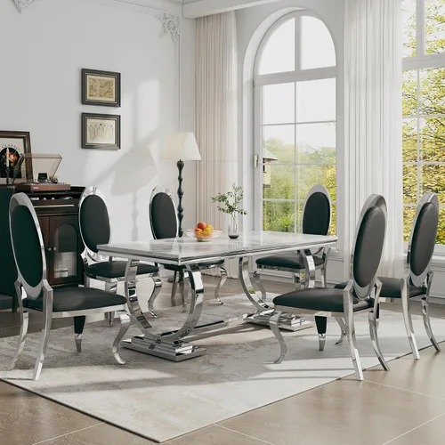 Miniatura 31 de Juego de mesa de comedor de 7 piezas, mesa de cocina de lujo de mármol sintético blanco de 70 pulgadas y 6 sillas copetudas de terciopelo beige