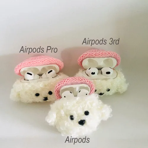 Miniatura 4 de Lindo estuche de felpa suave hecho a mano de piel blanca esponjosa para perros y perritos de peluche para Airpods2 Airpod de dibujos animados