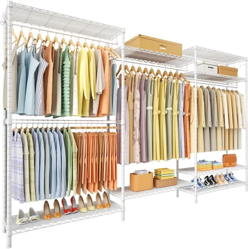 Miniatura 10 de Ulif E13 Perchero de Ropa de Servicio Pesado (Con 4 Barras Colgadoras y 8 Estantes) Percheros Independientes para Colgar Ropa, Organizador de Closet