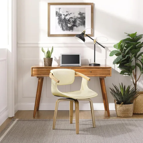 Miniatura 7 de Art Leon Silla de escritorio sin ruedas, silla giratoria moderna de mediados de siglo, silla de escritorio de piel sintética para espacios pequeños
