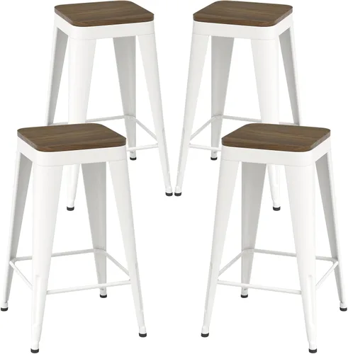 Miniatura 23 de Juego de 4 taburetes de bar de metal, taburetes de bar con respaldo alto con asiento de madera, taburetes de bar negros de 24 pulgadas para isla