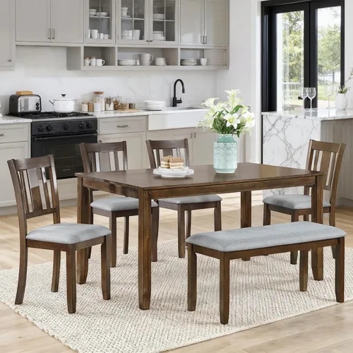 Miniatura 9 de Elegante juego de mesa de comedor de madera de 6 piezas con 4 sillas de respaldo de listones y un banco, juego de mesa de comedor de cocina para 6