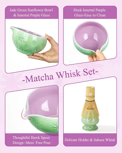 Miniatura 8 de Juego de batidor de matcha, juego de 6 piezas de matcha incluye cuenco matcha, innovador batidor y cuchara de bambú con bonito dije, soporte Chasen