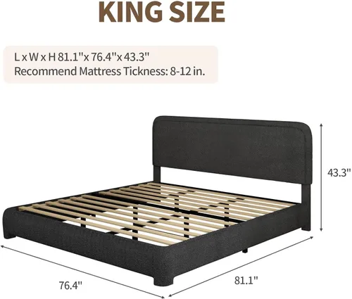 Miniatura 2 de BarnFurin Marco de cama y cabecera Boucle tamaño King, base de cama con plataforma tapizada en nube, esquinas redondeadas suaves, no requiere Negro