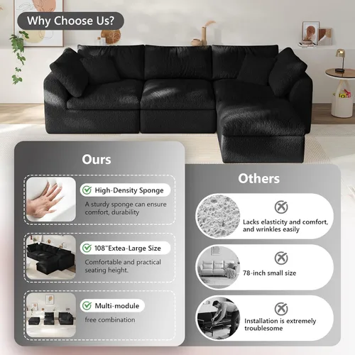 Miniatura 5 de Sofá modular de nube sin hueso de 108 pulgadas con asiento profundo para sala de estar, sofá en forma de L con otomana, tela de copo de nieve y Negro