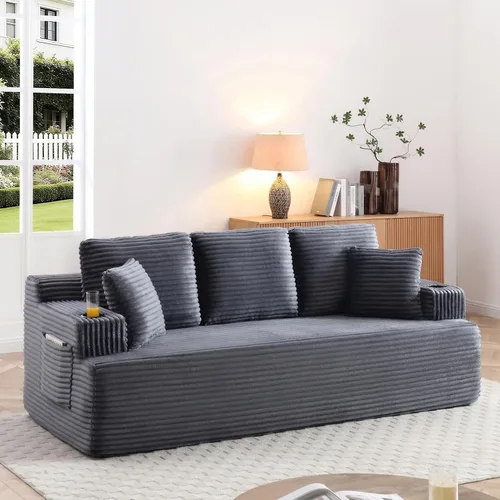 Miniatura 11 de Sofá sin hueso de 66.5 pulgadas con portavasos y bolsillos laterales, sofá biplaza tapizado de tela de pana moderna con 2 almohadas para sala