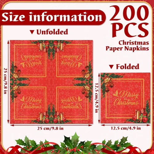 Miniatura 3 de 200 servilletas de papel de cóctel de Navidad, color rojo y dorado, desechables, servilletas de papel para bebidas navideñas para fiestas de postres