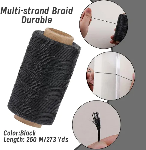 Miniatura 3 de TLKKUE Kit de hilo de coser para reparación de tapicería, aguja de hilo encerado de 273 yardas, punzón recto, kit de costura de cuerda de cera Negro