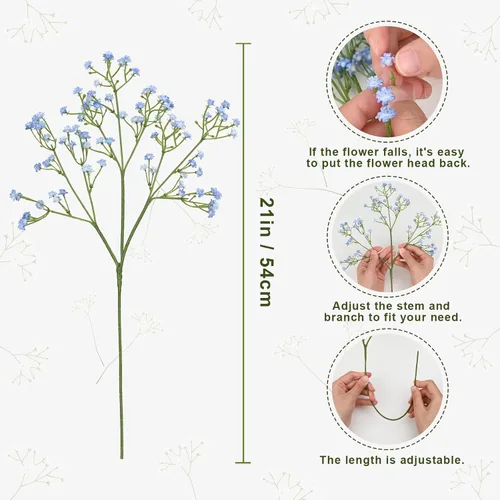 Miniatura 5 de Dolicer 10 piezas de flores artificiales de aliento de bebé, flores artificiales de aliento de bebé de tallo largo azul, paquete a granel de flores