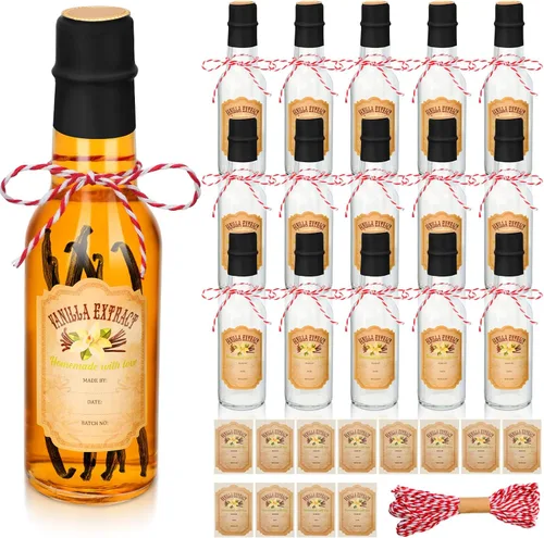 Tioncy 16 botellas vacías de extracto de vainilla para botella de vidrio casera con tapa, banda retráctil, calcomanía, manualidades, regalo de boda,