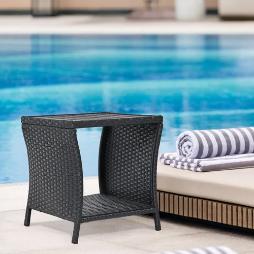 Outdoor Patio Side Table Small Black Wicker Rattan End Table for Outside Storage Coffee Table with Poly Lumber Table Top for Garden Lawn Pool Porch