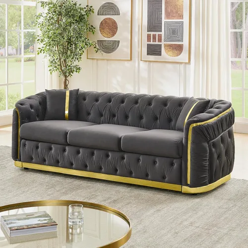 Miniatura 9 de Sofá Chesterfield de 62.6 pulgadas, moderno de mediados de siglo, sofá de terciopelo blanco beige y dorado, sofás de lujo para sala de estar