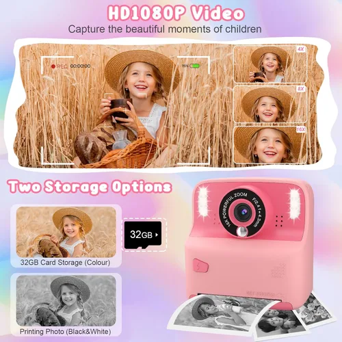Miniatura 3 de Amzelas Cámara de impresión instantánea para niños, cámara portátil de juguetes para niños pequeños, imprime fotos en blanco y negro al instante