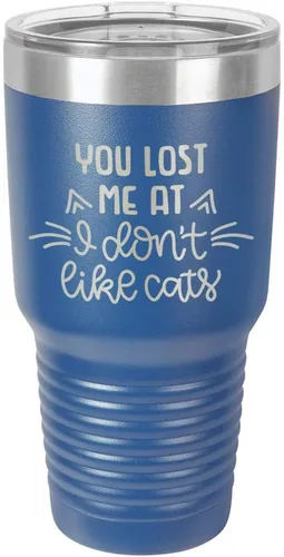 Miniatura 14 de Taza de viaje de acero inoxidable grabada con pajita y tapa superior deslizante, con texto en inglés "You LOST ME AT I DON'T LIKE CATS" Púrpura claro
