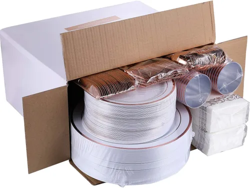 Miniatura 6 de FOCUSLINE Juego de vajilla desechable de 350 piezas para 50 invitados - Platos de plástico resistente con borde de oro rosa, incluye 50 platos