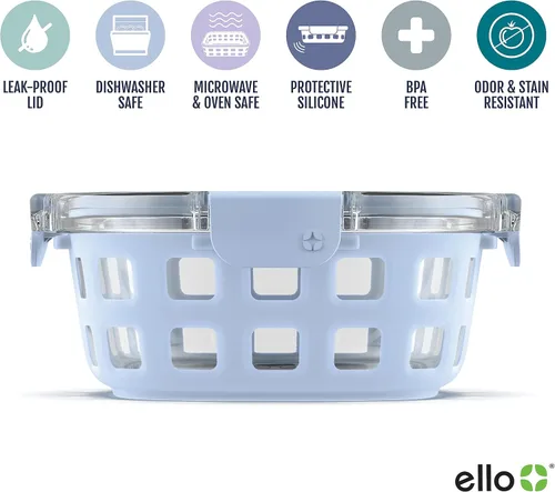 Miniatura 3 de Ello Duraglass - Recipiente de vidrio para preparación de comidas, 4 tazas, con funda de silicona y tapa de plástico hermética sin BPA, apto para 4