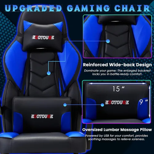 Miniatura 5 de ECOTOUGE Silla de juegos con reposapiés, silla grande y alta con soporte lumbar de masaje, silla ergonómica con respaldo alto reclinable, silla Azul