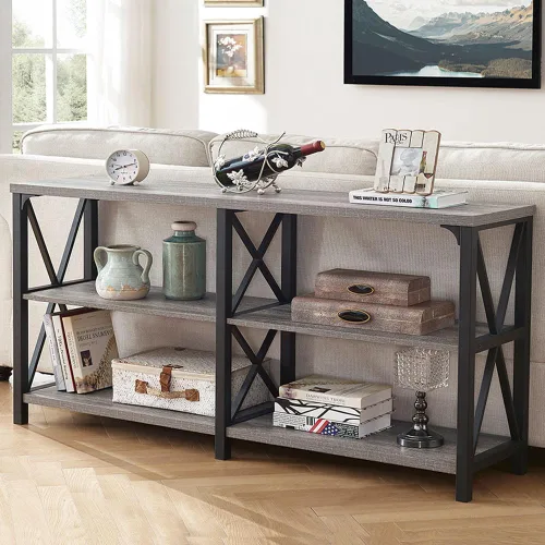 LVB Mesa de Entrada Industrial, Mesa Consola Rústica de Granja Detrás del Sofá, Mesa Larga de Sofá de Madera y Metal con Estante de Almacenamiento,