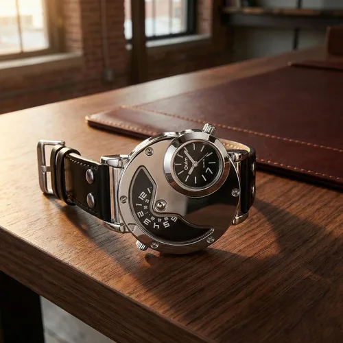 Miniatura 3 de MJSCPHBJK Reloj de pulsera analógico único para hombre, sumergible, de moda, de vestir, de cuarzo, con dial doble, diseño genial, banda de cuero