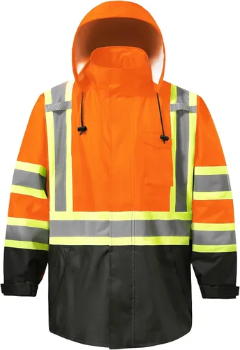 Miniatura 12 de Chaquetas de lluvia reflectantes para hombre impermeables, abrigo de seguridad Hi Vis con tiras reflectantes, chaquetas de lluvia de alta Naranja02