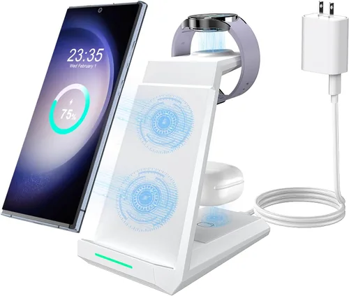 Cargador inalámbrico para estación de carga Samsung, ADADPU soporte cargador 3 en 1 para múltiples dispositivos acoplamiento rápido para Galaxy S25