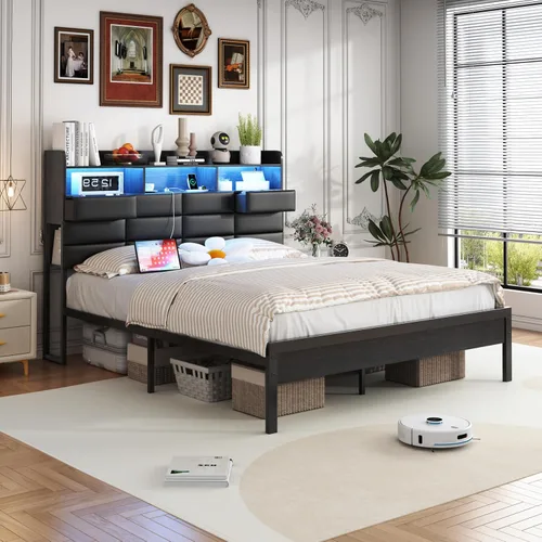 Miniatura 7 de Base de cama negra de tamaño completo con 2 cajones de almacenamiento y estación de carga, marco de cama tapizado con cabecero de piel sintética