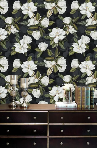 Miniatura 6 de HAOKHOME Papel tapiz floral para despegar y pegar, papel de pared de magnolia extraíble, color negro/blanco/verde, papel de contacto autoadhesivo