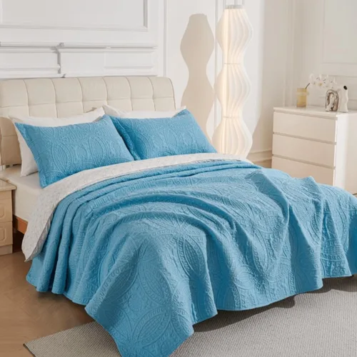 Miniatura 8 de Legacy Decor Colcha reversible de 3 piezas, diseño de retazos azules y blancos, microfibra ultra suave, tamaño individual