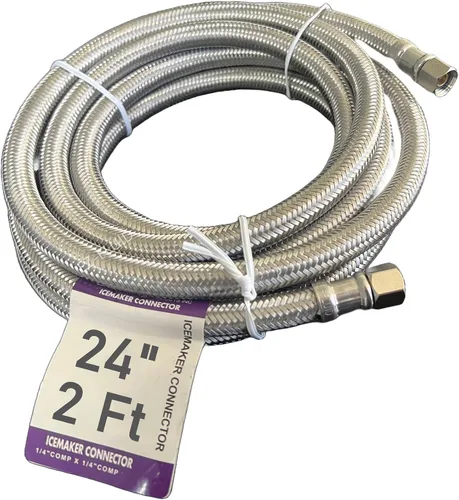 EZ-FLUID Línea de agua para nevera de 24 pulgadas, 2 pies x 1/4 pulgadas, conexión hembra de comp. de acero inoxidable, manguera de agua trenzada de