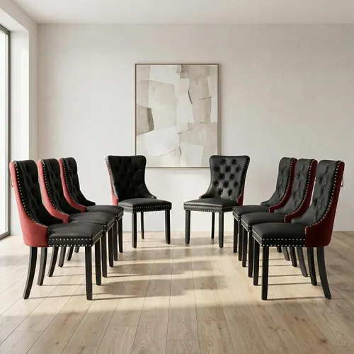 Miniatura 62 de OVENTA Juego de 4 sillas de comedor modernas tapizadas copetudas, terciopelo negro y gris y cuero con patas de madera maciza, sillas de cocina