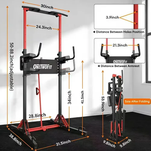 Miniatura 2 de ONETWOFIT Estación de barra de dominadas plegable de torre eléctrica, estación de inmersión multifunción de altura ajustable para entrenamiento