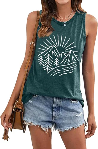 Miniatura 3 de Camisetas sin mangas de senderismo y montaña para mujer, divertidas camisetas de entrenamiento con gráficos de pino y amanecer, camisetas de verano