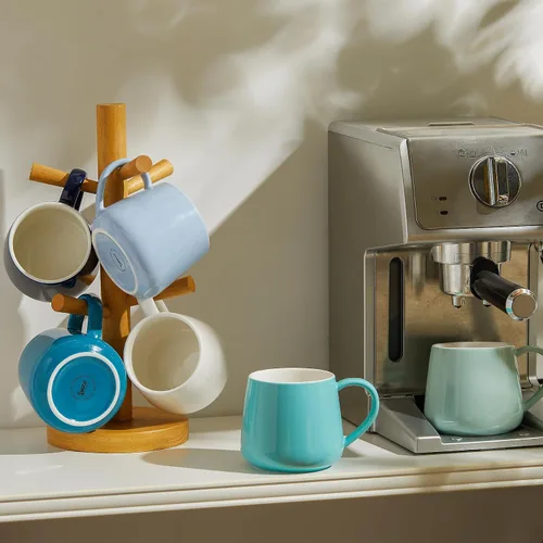 Miniatura 7 de Sweese Juego de 6 tazas de café de porcelana, tazas de café de 12 onzas con asa para café, té, cacao, tazas de café azules de colores surtidos