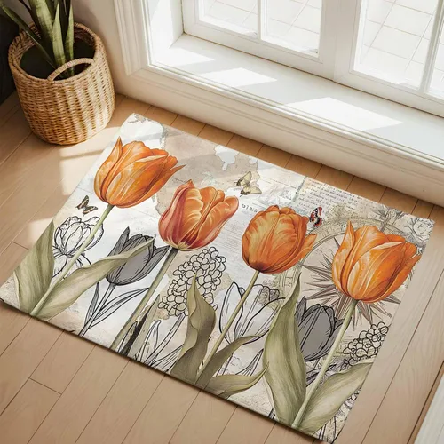 2x3 Area Rugs, Orange Flower Non Slip Area Rugs for Living Room, Bedroom, Barhroom, Entryway, Watercolor Retro Tulip Floral Butterfly Soft Kitchen