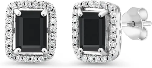 Miniatura 29 de Gem Stone King Aretes de plata de ley 925 con piedra natal Corte esmeralda de 0.315 x 0.236 in Aretes de halo para mujer
