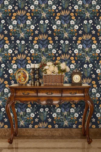 Miniatura 4 de Floralplus Papel tapiz autoadhesivo bohemio extraíble para baño, papel tapiz floral oscuro, papel de contacto floral con hojas adhesivas para Azul