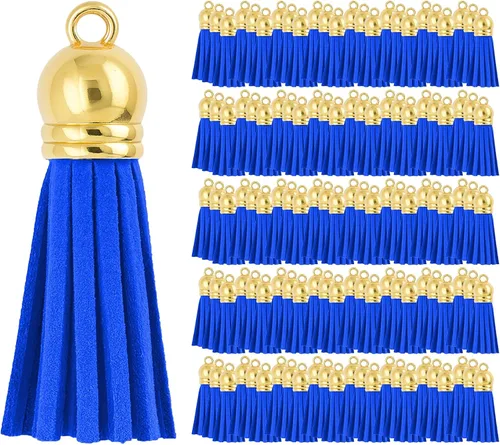 Miniatura 75 de Mandala Crafts 100 borlas de gamuza sintética color aguamarina con tapa dorada, suministros para hacer llaveros a granel, pequeñas borlas de cuero