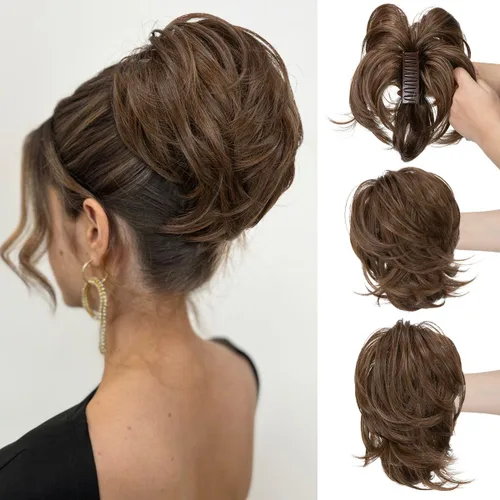 Miniatura 18 de CJL HAIR - Extensiones de cabello con pinza de garra para cola de caballo corta, trenza desordenada, sintéticas, maleables, para mujeres, cabello