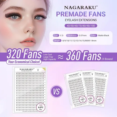Miniatura 7 de NAGARAKU Extensiones de pestañas postizas en abanico prefabricadas 320 abanicos, volumen 5D, 0.07mm, rizado D, 9-14mm, bandeja mixta, racimos