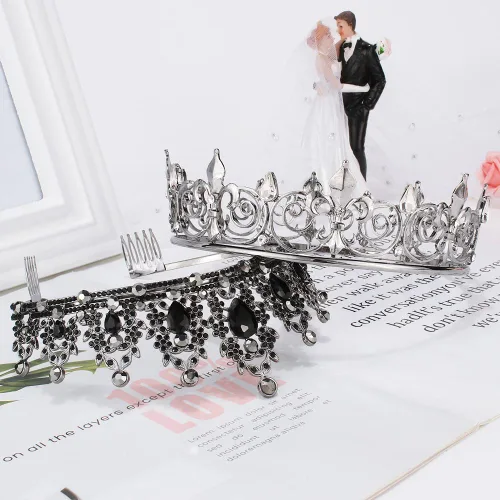 Miniatura 2 de AOPRIE King & Queen Artemis Tiara y corona para mujeres y hombres, cristal, aleación, diamantes de imitación, formal, temático, unisex, negro, boda