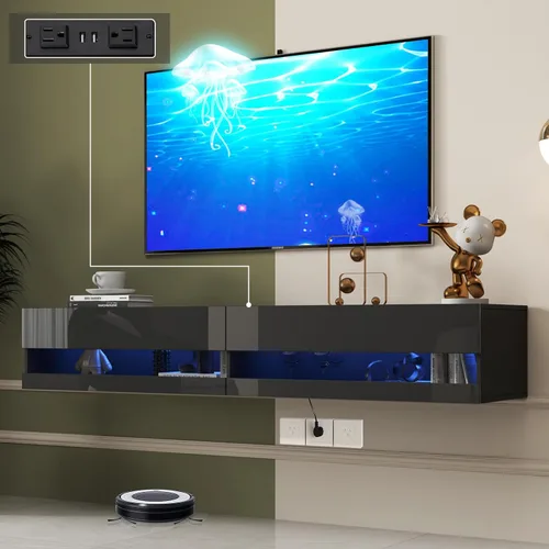 Miniatura 12 de Soporte flotante para TV montado en la pared con toma de corriente, moderno centro de entretenimiento flotante para TV de 70 pulgadas, estante