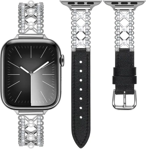 Miniatura 10 de Correa de cuero genuino y joyería para Apple Watch para mujer, elegante pulsera de perlas con circonitas laterales brillantes, correa de iWatch