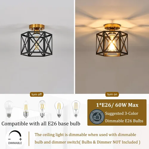 Miniatura 7 de Lámpara de Techo Moderna de Granja Negra y Dorada, Lámpara de Techo Industrial Semiempotrada, Accesorios de Iluminación Hexagonal para Pasillo