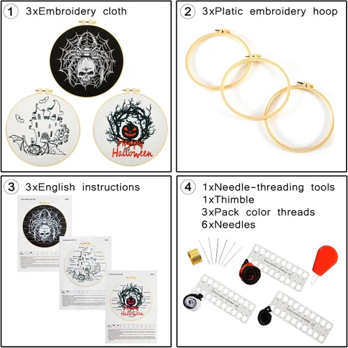 Miniatura 3 de Armindou Kit de bordado de Halloween para principiantes y adultos, kit de punto de cruz estampado para adultos principiantes, kit de bordado a mano