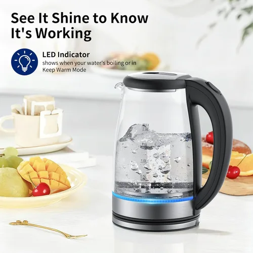 Miniatura 8 de Hervidor eléctrico de vidrio de 2 L, 1500 W, hervidor de agua caliente de ebullición rápida con apagado automático, luz LED, sin BPA, vidrio