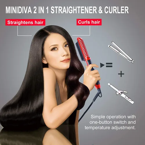 Miniatura 5 de Minidiva Rizador y alisador de cabello 2 en 1 con antiquemaduras, calentamiento rápido de cerámica de 30 segundos, 6 niveles de calor, apagado Rojo