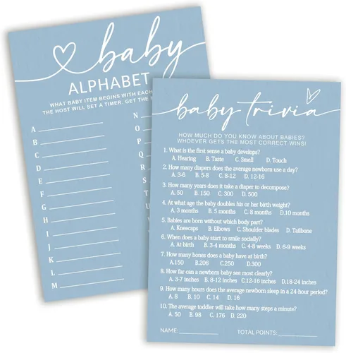 Miniatura 14 de Divertidos juegos de baby shower, trivia para bebés y alfabeto, juegos de doble cara, ideas de decoración de fiesta azul minimalismo, 25 piezas de 5