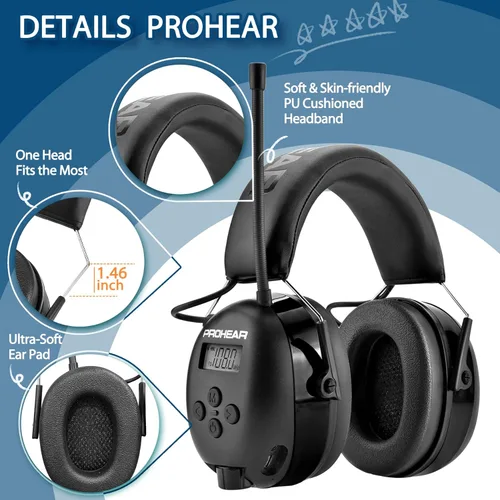 Miniatura 7 de PROHEAR 033 - Auriculares con radio AM/FM Bluetooth 5.4 - Batería recargable USB C de 2000mAh - Auriculares con radio para protección auditiva