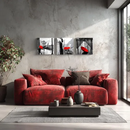 Miniatura 3 de NAN Wind 3 piezas de lienzo moderno Giclée impresiones en blanco y negro con paraguas rojos, lienzo romántico para parejas, pinturas de paisaje rojo